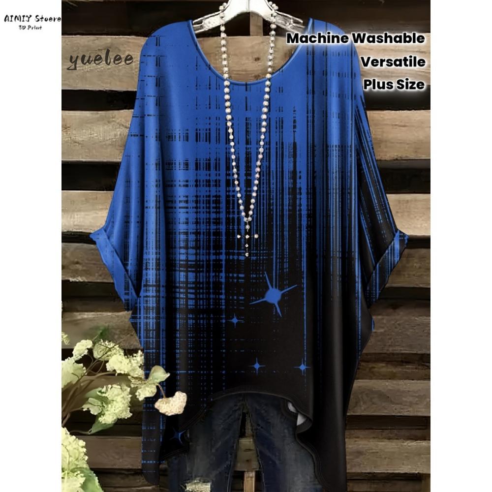 T-shirt Elegante Bohemien da Donna Stampa Notte Stellata Bianco Pois su Tutta la Superficie Orlo Asimmetrico Scollo a O Moda Casual Donna Abbigliamento Y2k