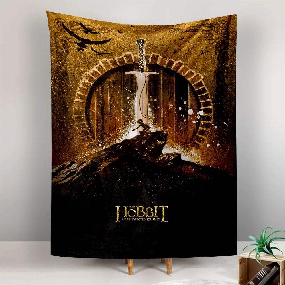 A sword piercing a glowing doorway with a figure atop a rocky hill. Patterned tapestry for bedroom and living room home decor