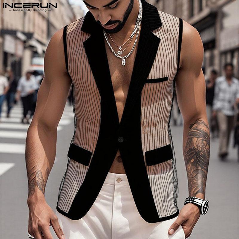 INCERUN Men Lapel Sleeveless Stitching One Button Striped See Through Waistcoats