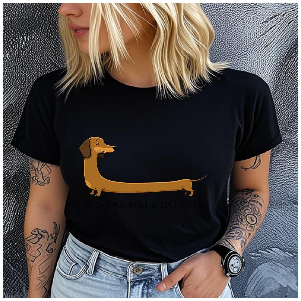 Polyester 100% It's Going To Be A Long Day Dachshund Graphic Women T-Shirt Funny Wiener Dog Lover Casual Tee