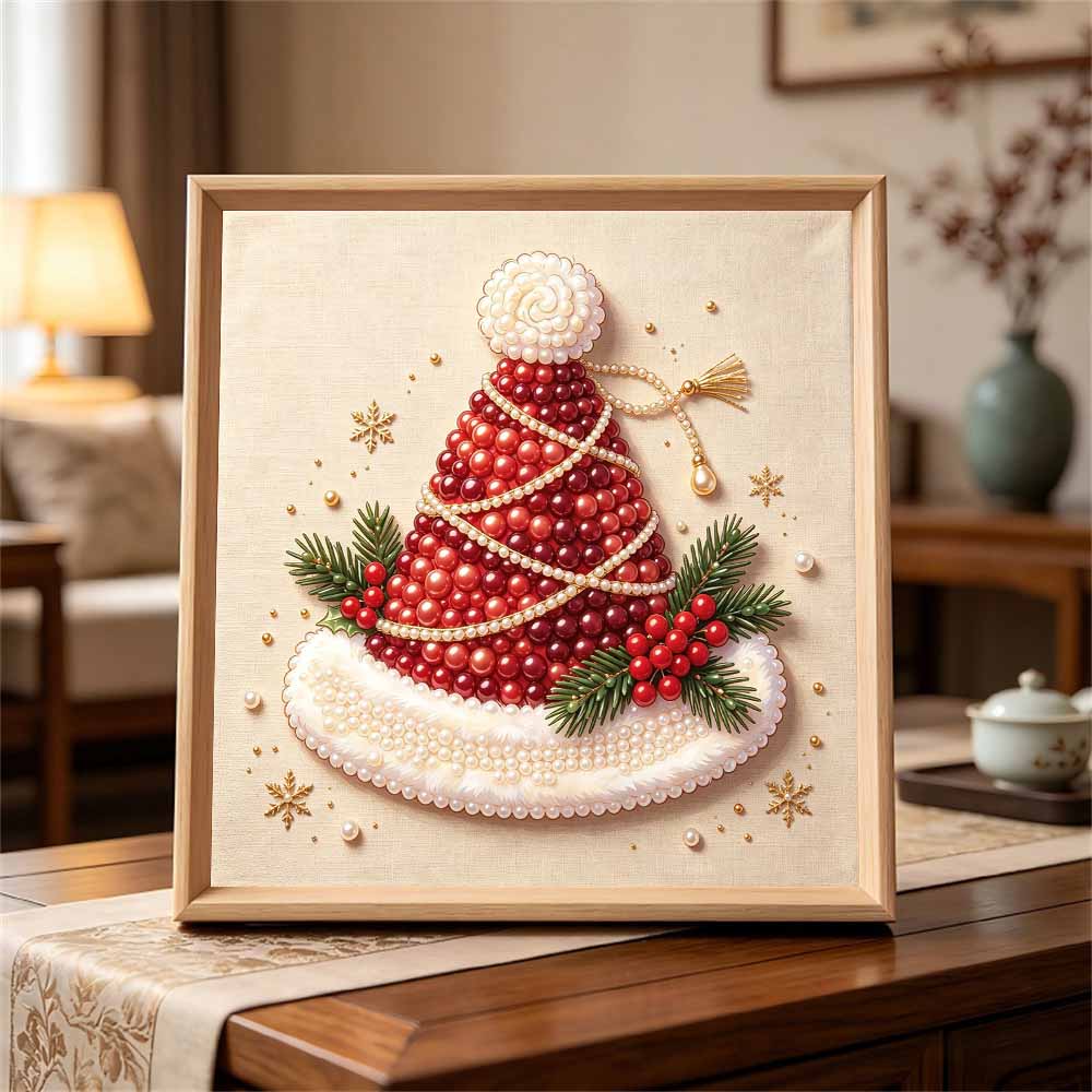 Premium Framed Pearl Art Kit with Christmas Santa Hat Pattern 5D Sparkling Bead Canvas DIY Relaxing Craft for Home Wall Decor Gift