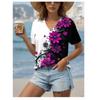 Summer V-neck 3D Floral Printed Top Fashionable Casual Asymmetrical Short Sleeved Women's T-shirts