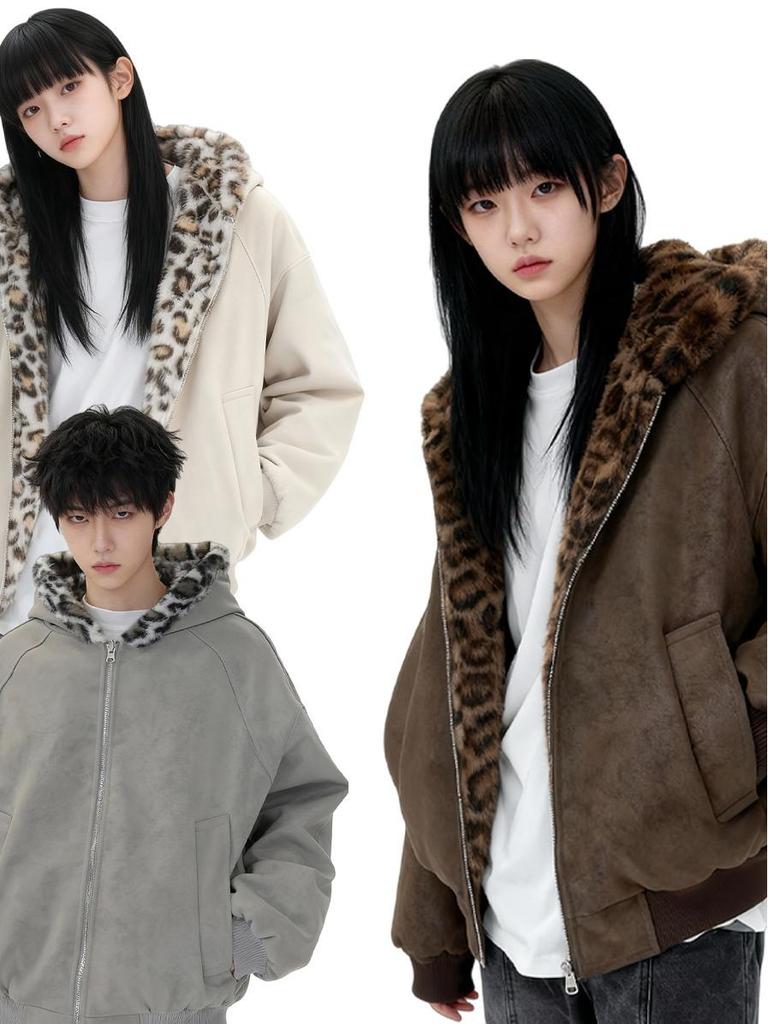 Unisex Reversible Retro Leopard Print Fleece-Lined PU Leather Jacket
