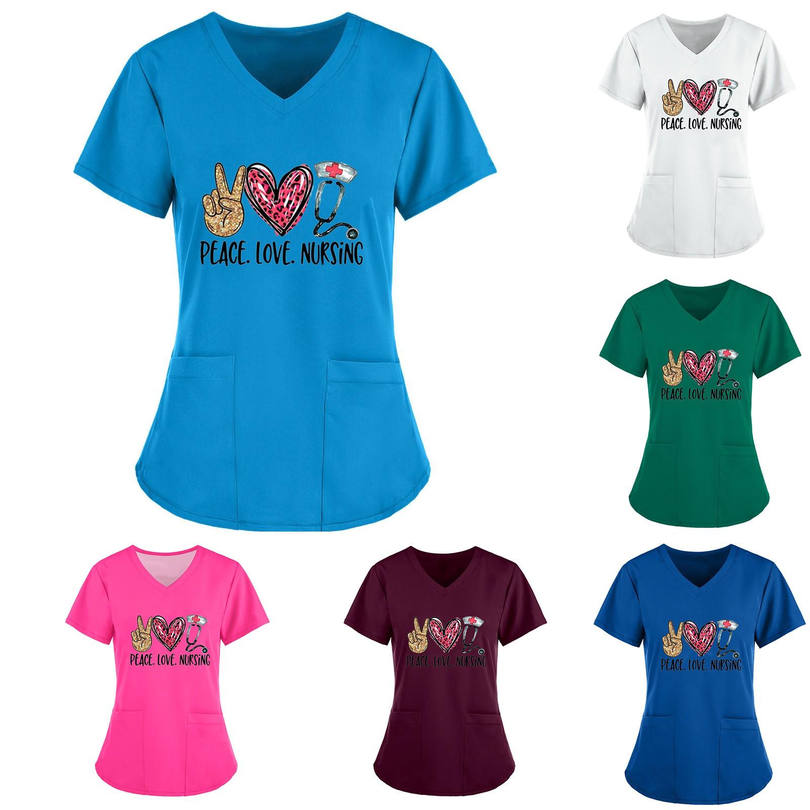 

(SU)Женские топы с короткими рукавами и v-образным вырезом, рабочая однотонная блузка с карманами