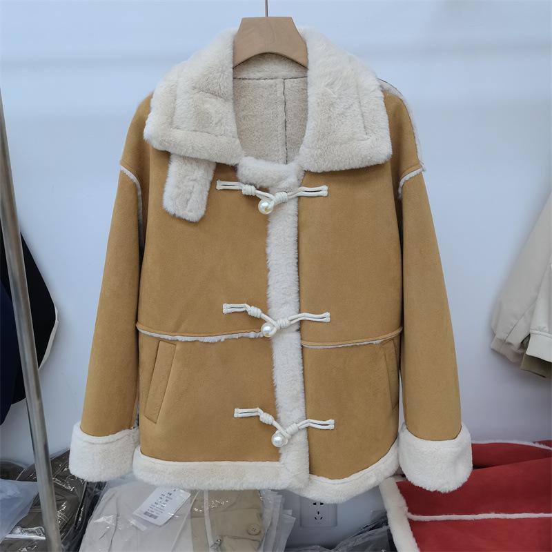 Retro Lammwolle Imitat Pelzmantel Damen Winter Klein Neu Verdickt Lokomotive Kleidung Baumwollkleidung