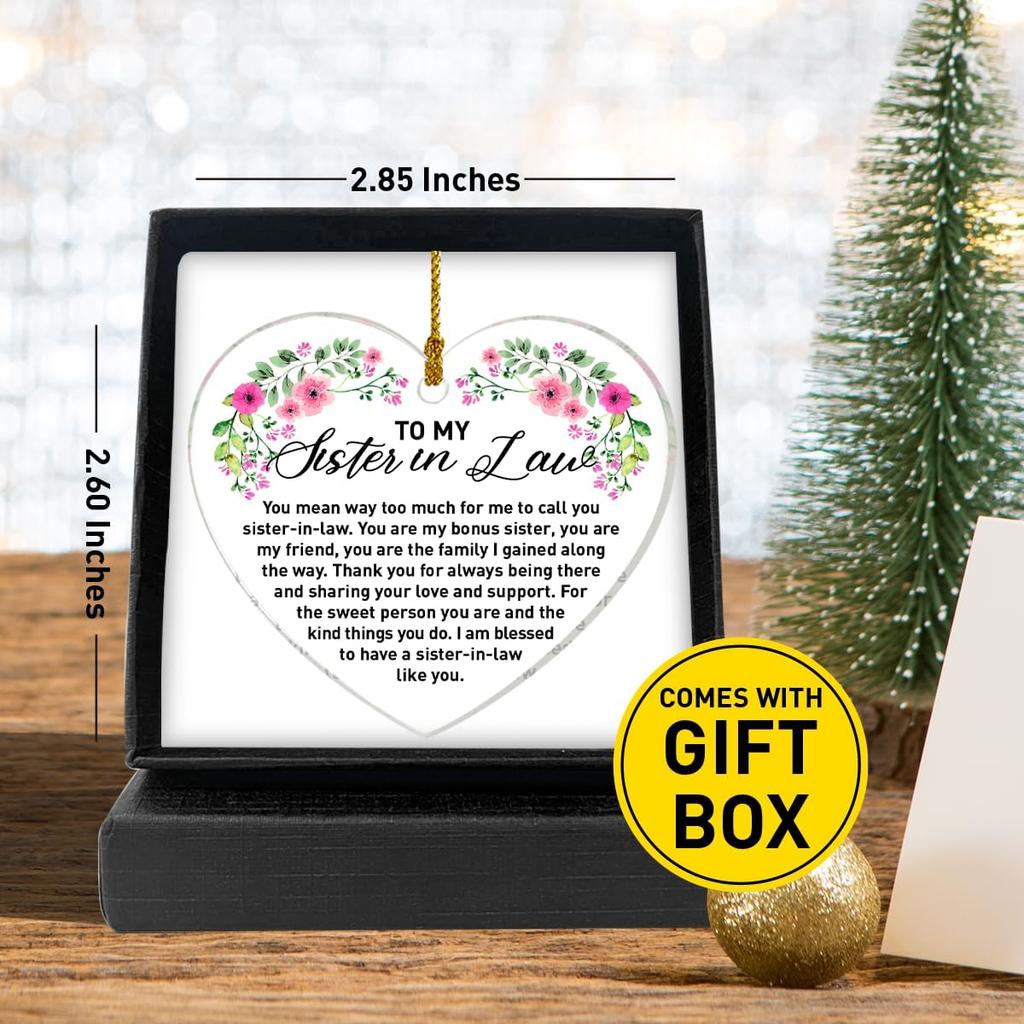 Sister in Law Ornament Gifts, Sister in Law Birthday Wedding Christmas Keepsake Gifts for Sister in Law Acrylic Heart Hanging Ornament Gifts, Sister