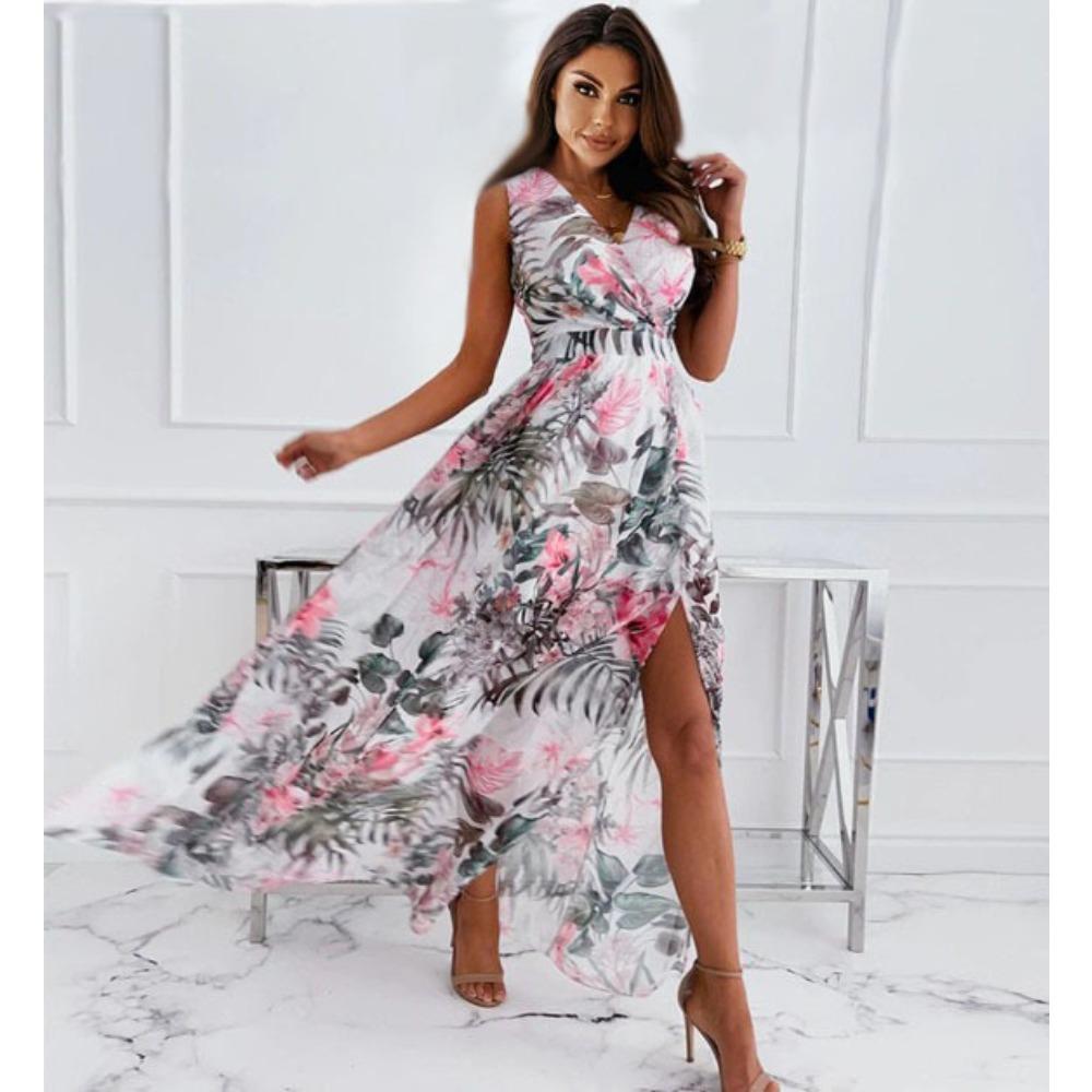 Women s Sleeveless V-Neck Floral Print Chiffon Maxi Dress with Slit S белый