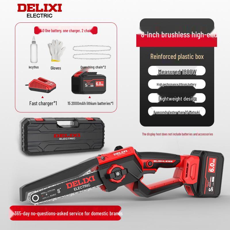 Delixi Cordless Brushless Electric Chainsaw: High-Power, Handheld Lithium Battery Saw for Home Tree Cutting.