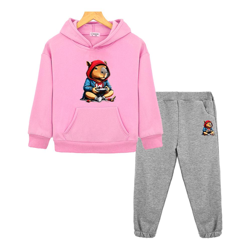 Boys Girls Hooded Spors Sets Capibara Print Hoodie Fleece Sweatshirt Cartoon Jacket 2pcs pullover+Pant  Kids Boutique Clothes