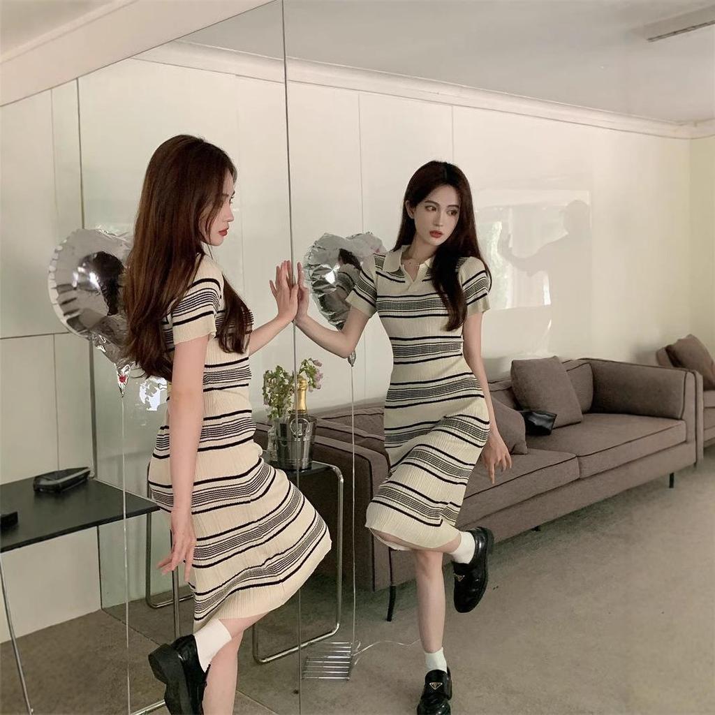 Summer 2025 Knitted Striped Polo Dress: Slim Waist, Hip-Hugging, Mid-Length Style for Women