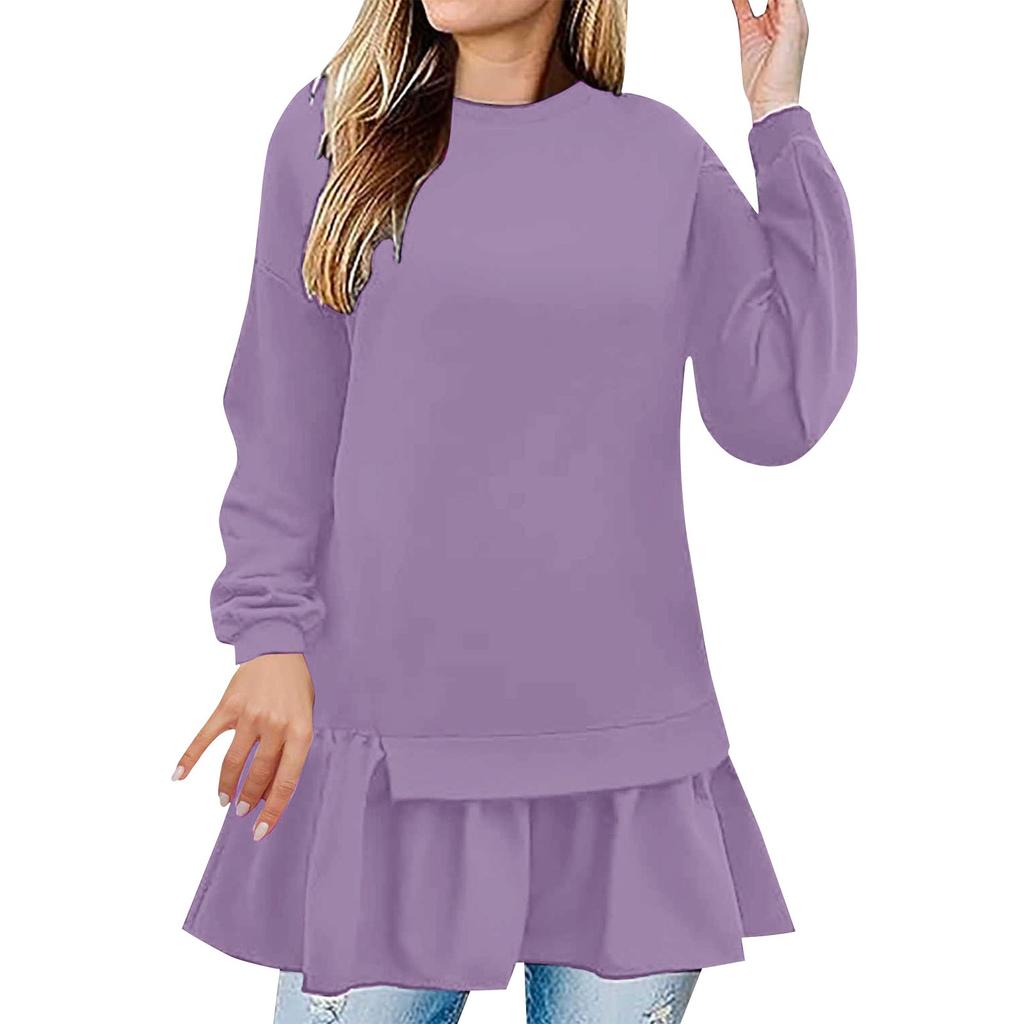 Women's Fashion Casual Loose Long Sleeve Ruffle Mid-Length Solid Color Sweatshirt