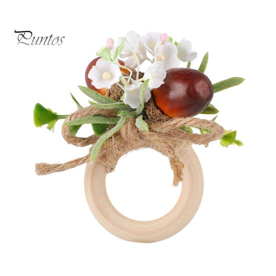Boho Table Accessories Artificial Rosemary Napkin Ring, Wooden Ring Holder with Faux Acorns Harvest Party Supplies Flowers, Autumn Rustic for
