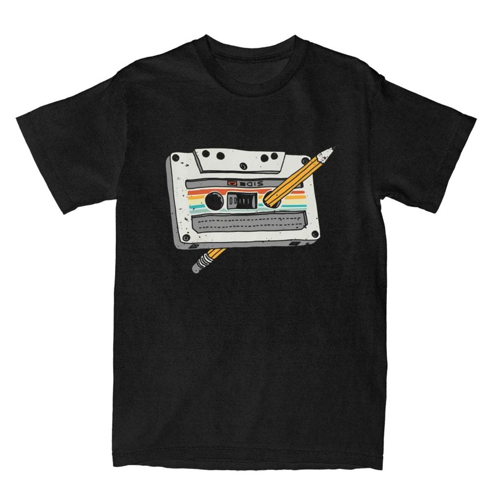 Cinta de Cassette de los 80 Lápiz Retro de los 80 Camiseta para Hombre Algodón Puro Camiseta Vintage Cuello Redondo Camisetas Manga Corta Ropa Talla Grande