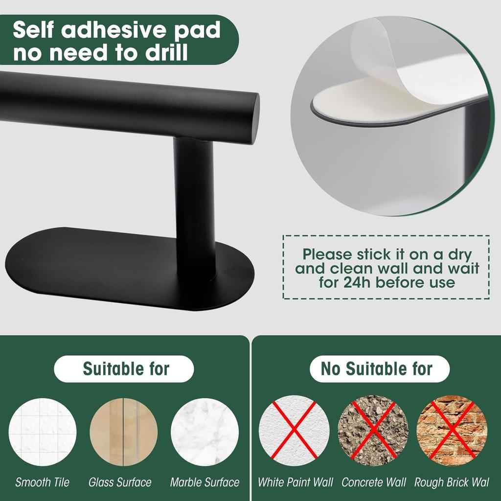 4-Pieces Bathroom Hardware Set, Adhesive Matte Black Bathroom Accessories Including 16in Bath Towel Bar, Toilet Paper Holder, Towel Ring, Hooks,