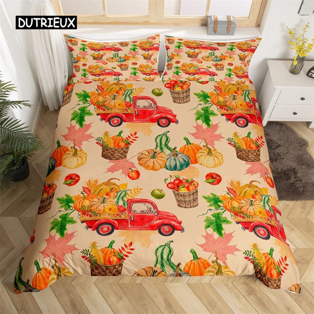 Turkey Maple Leaves Duvet Cover King Thanksgiving Pumpkin Bedding Set Microfiber Farmhouse Autumn Harvest Theme Comforter Cover