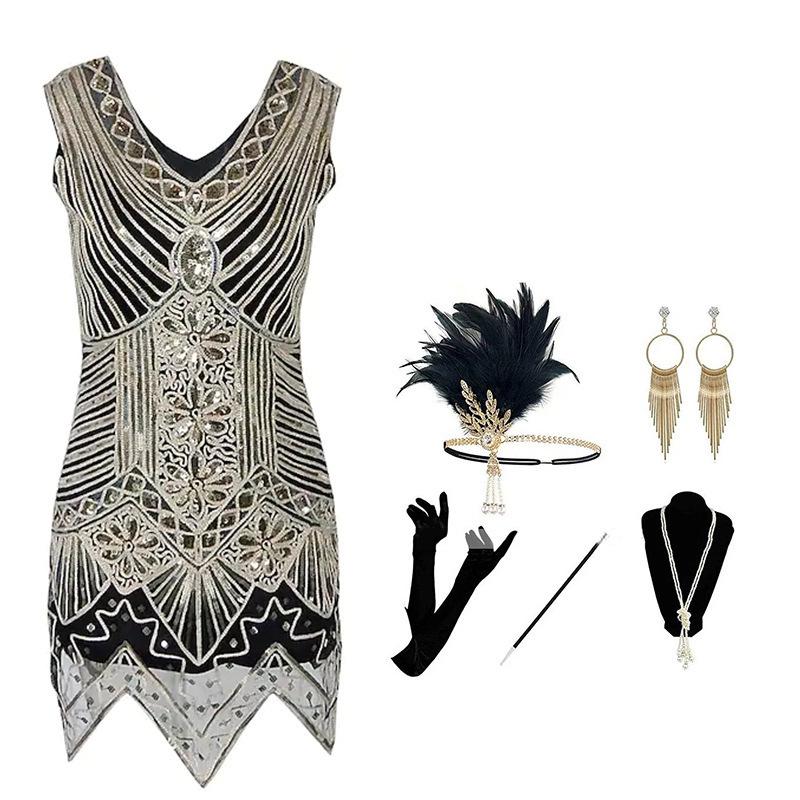 1920er Gatsby Perlenquastenkleid, Übergröße S-4XL - Damen Retro Formelles Pailletten Performance Kostüm.