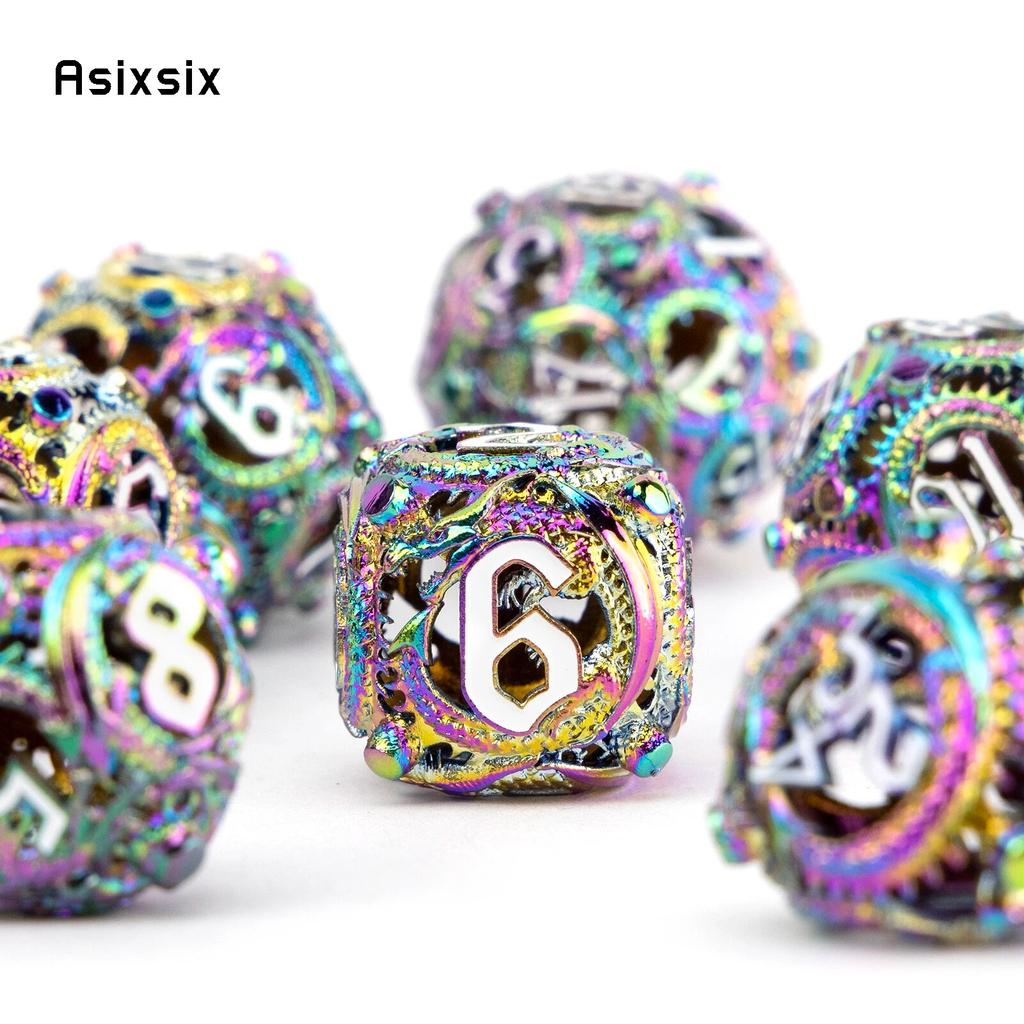 7 Pcs Colorful Circular Dragon Metal Dice Hollow Metal Polyhedral Dice Set Suitable for Role-Playing RPG  Board Game Card Game
