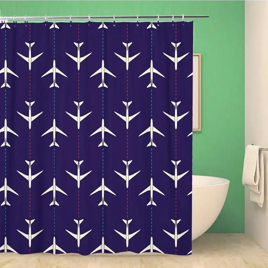 Airport Shower Curtain,Aviation Themed Illustration Of Parked Airplanes Landed In Airfield,Polyester Fabric Bathroom Curtain Set