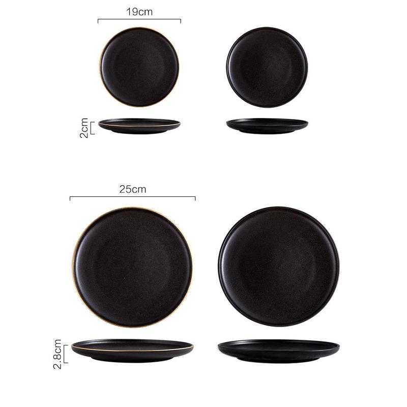 Black Frosted Steak Plate Gold Plated Ceramic Round Western Food Plate Home Cooking Dishes Hotel Restaurant Tableware Kitchen