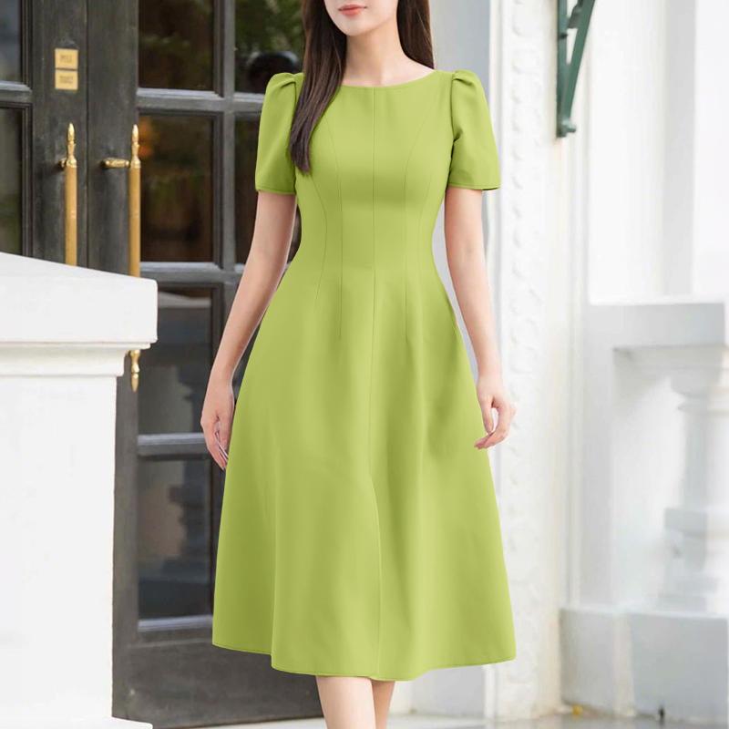 

ZANZEA Женское повседневное однотонное платье с круглым вырезом и коротким рукавом XL зелёный