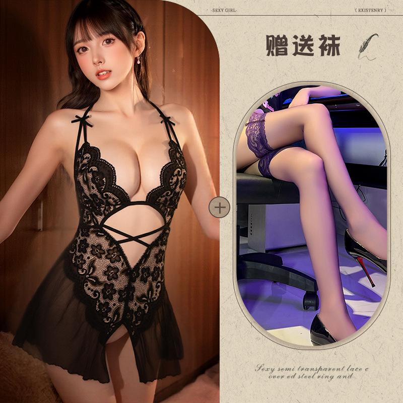 Neck new sexy underwear perspective lace hot backless deep V onesie women's uniform set