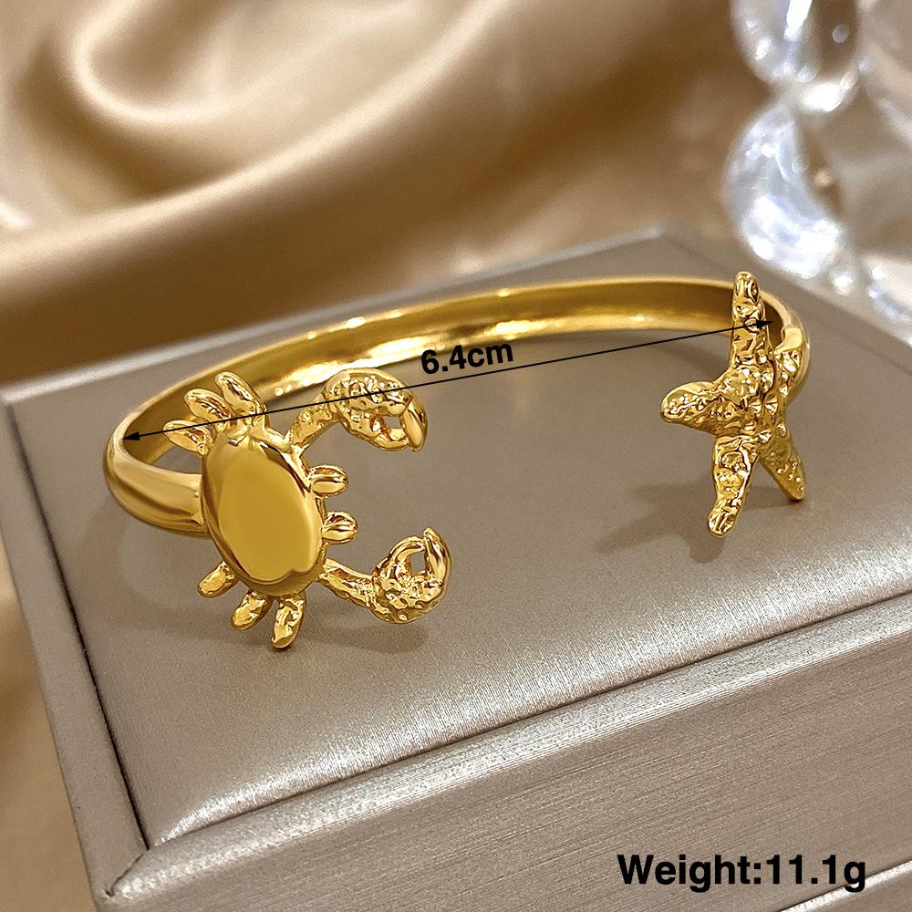 FLASHBUY Stainless Steel Open Bangle for Women and Men, Wrist Zircon, Starfish, Crab, Gold Color, Vintage Trend