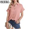 GMXIA Women's Fashion Casual Leisure Solid Color Print Short Sleeve POLO Neck Blouses & Shirts