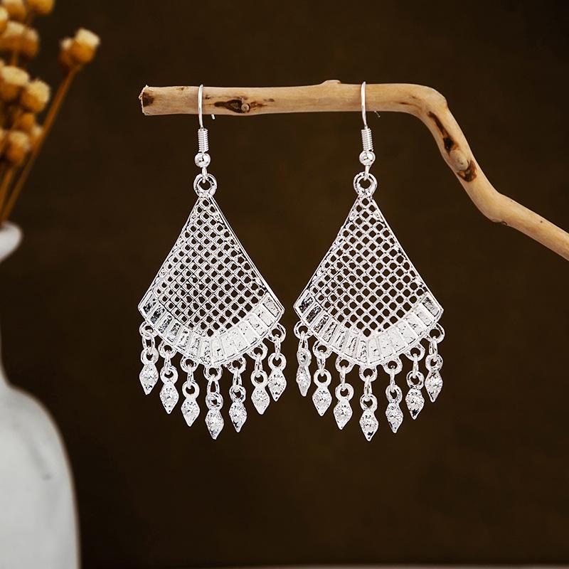 Imitation Miao Silver Ethnic Long Leaf Tassel Dangle Earrings