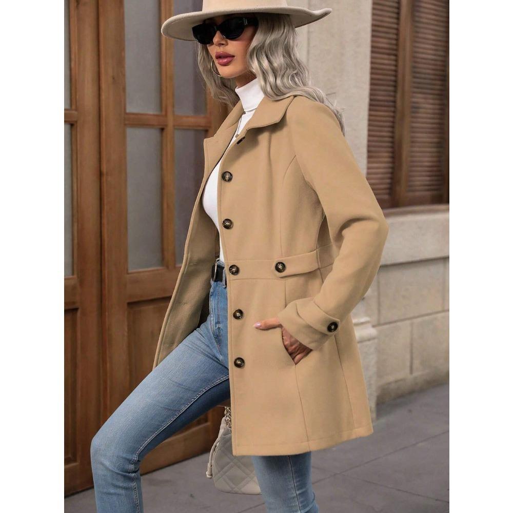 Abrigo de Lana Mixta Midi con Solapa de Solapa y Botonadura Única para Mujer Elegante Cinturón en la Cintura Longitud Media Ropa de Abrigo Otoño Invierno