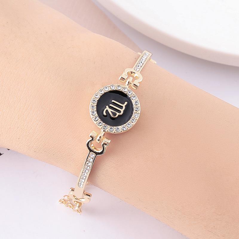 12 Zodiac Signs Bracelet for Women, Rose Gold Plated Inlaid Diamond Constellation Bangle, Fashion Couple Jewelry Gift