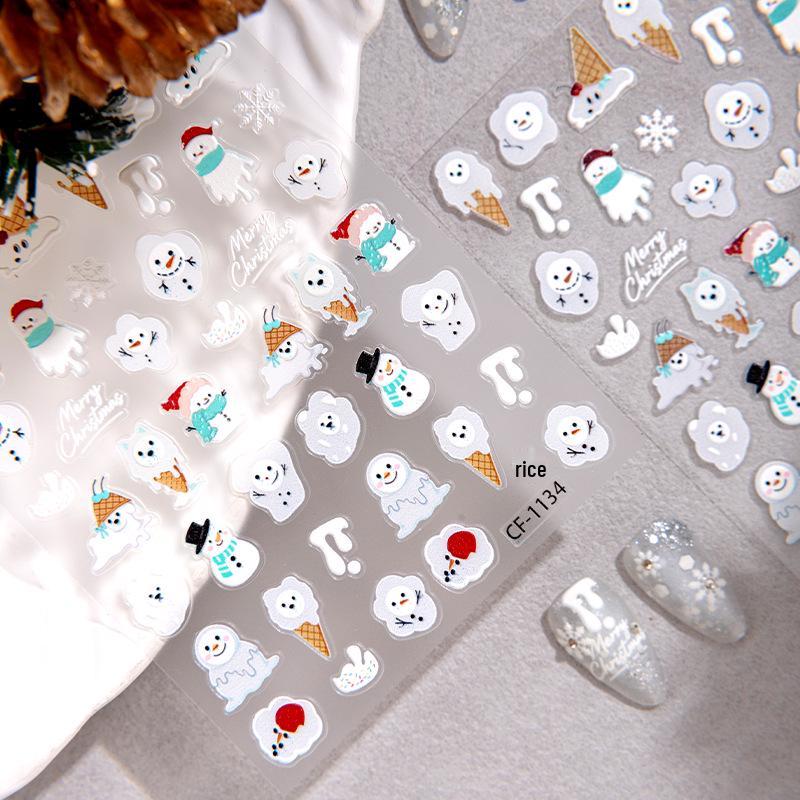 Cyansea 5D Christmas Nail Stickers: Embossed Ice Cream Cone & Snowman Ornaments.