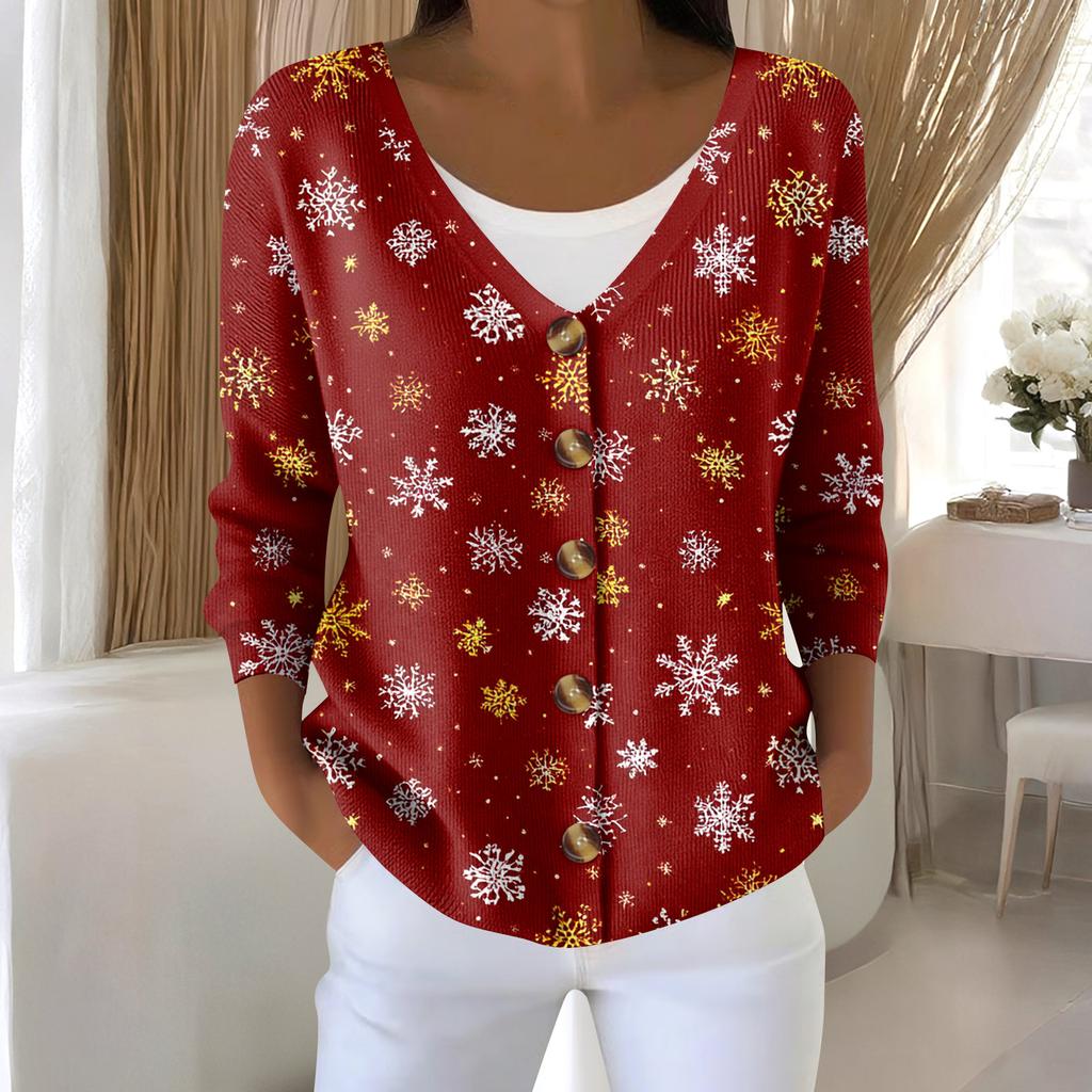 Damemote Langermet Christmas Snowman Snowflake Print Jakke Cardigan