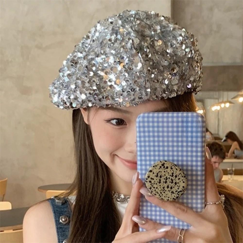 Sparkling Fashion Painter Hat Trendy Lady Octagonal Cap Glitter Sequin Beret Outdoors Activities
