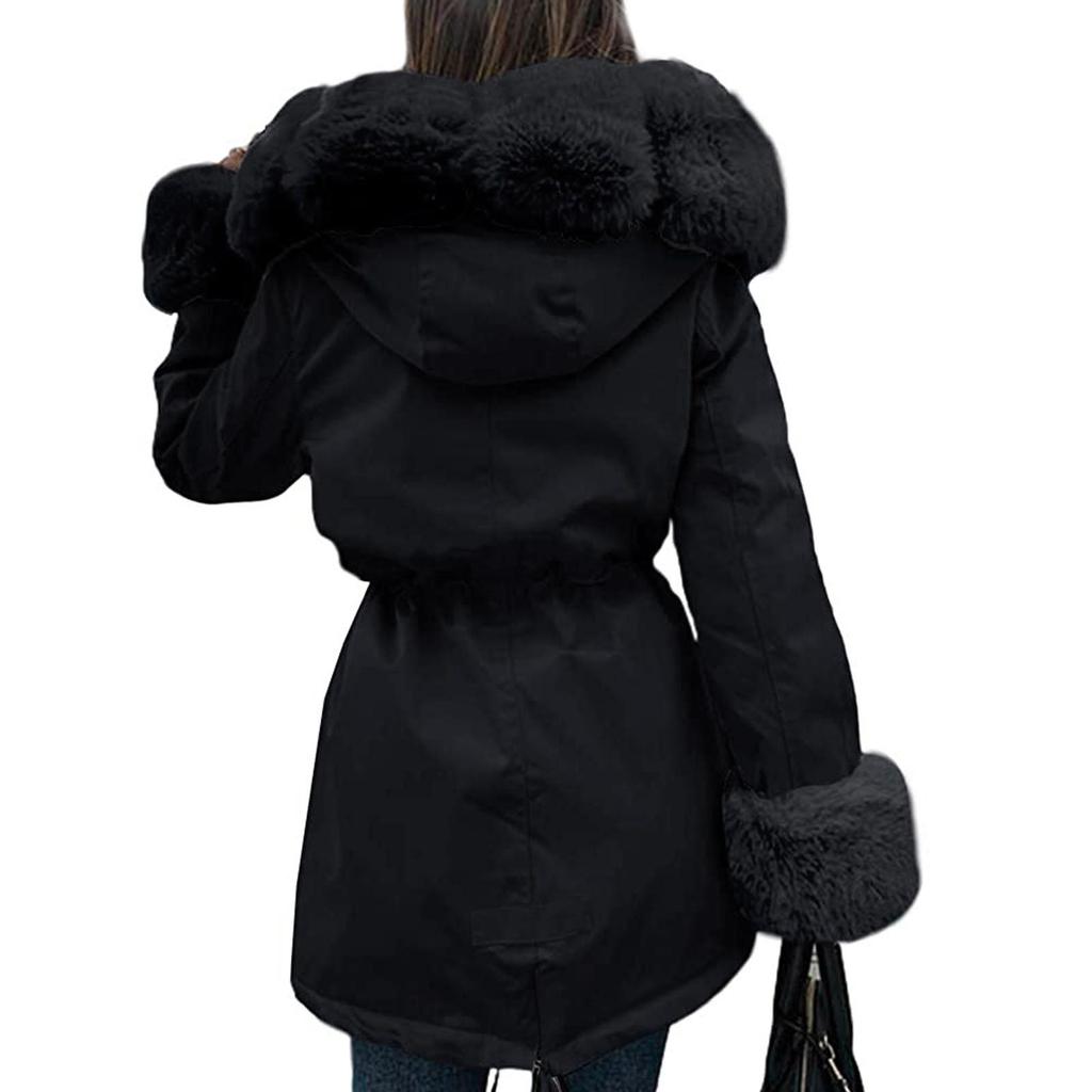 Damen Kapuzenjacke mit langen Ärmeln, warm, aus Baumwolle, mit abnehmbarem Pelzkragen