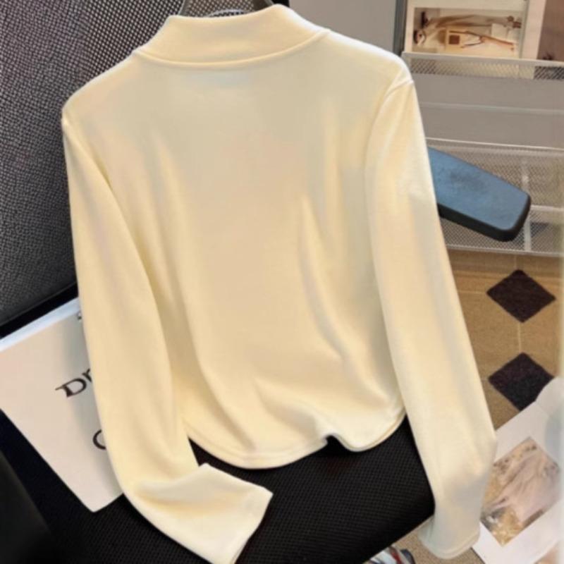 

Рубашка женская с утолщенным низом и воротником-стойкой на половину молнии, новая тонкая талия, короткий топ на осень и зиму XXXL абрикосовый