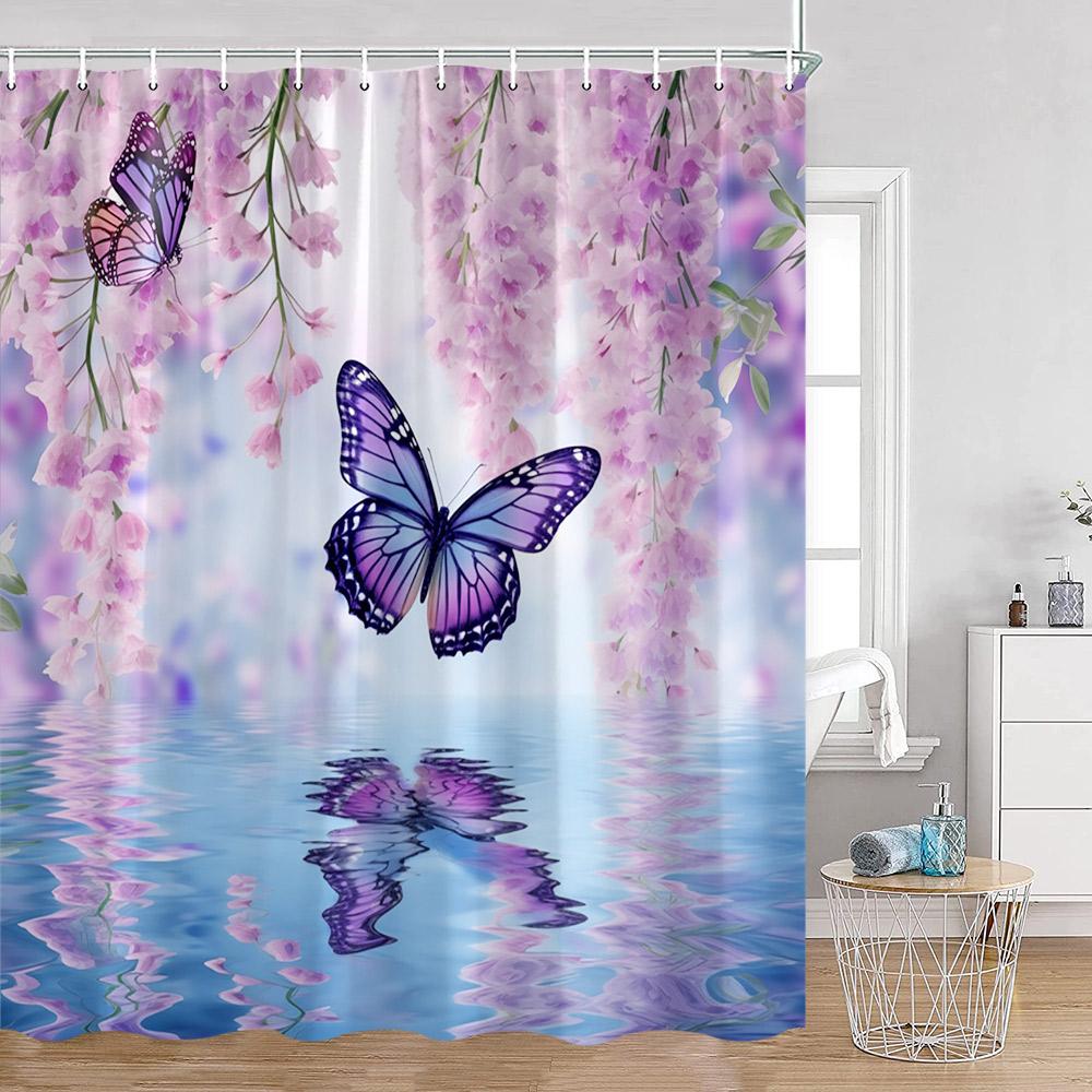 Purple Flowers Shower Curtains Wisteria Lavender Butterfly Birds Pirple Floral Bathroom Decorations Modern Elegant Bath Curtain