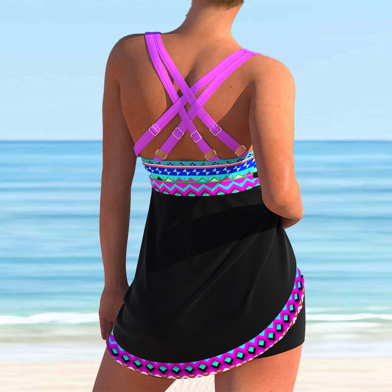 Women's Shoulder Strap Swimsuit with White Square Print Bikini Short Tank Top Swimsuit