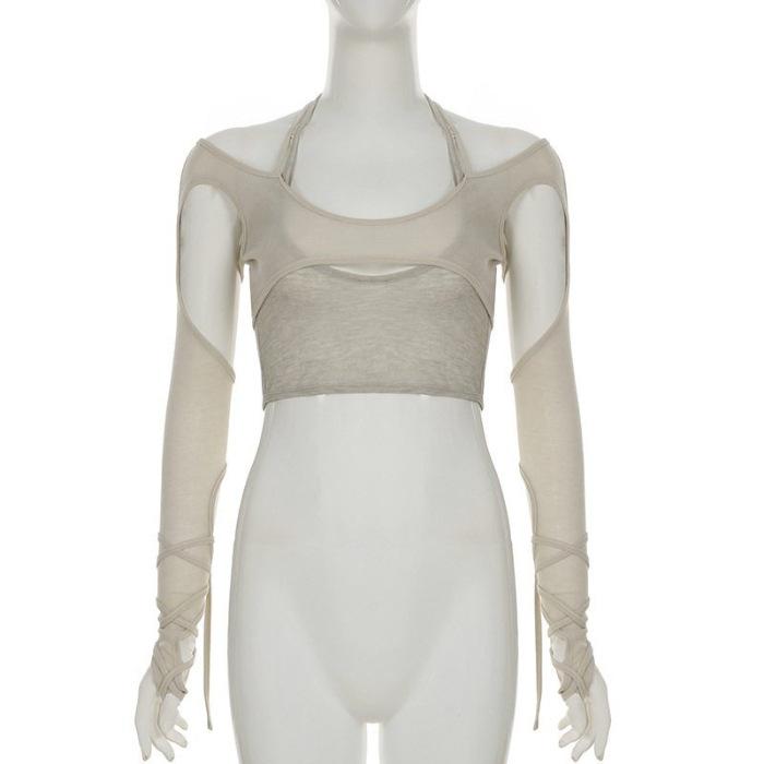 Neck segmentation hollow autumn and winter strap top women's T-shirt design slim long sleeve dancing fake two pieces deconstruction solid color