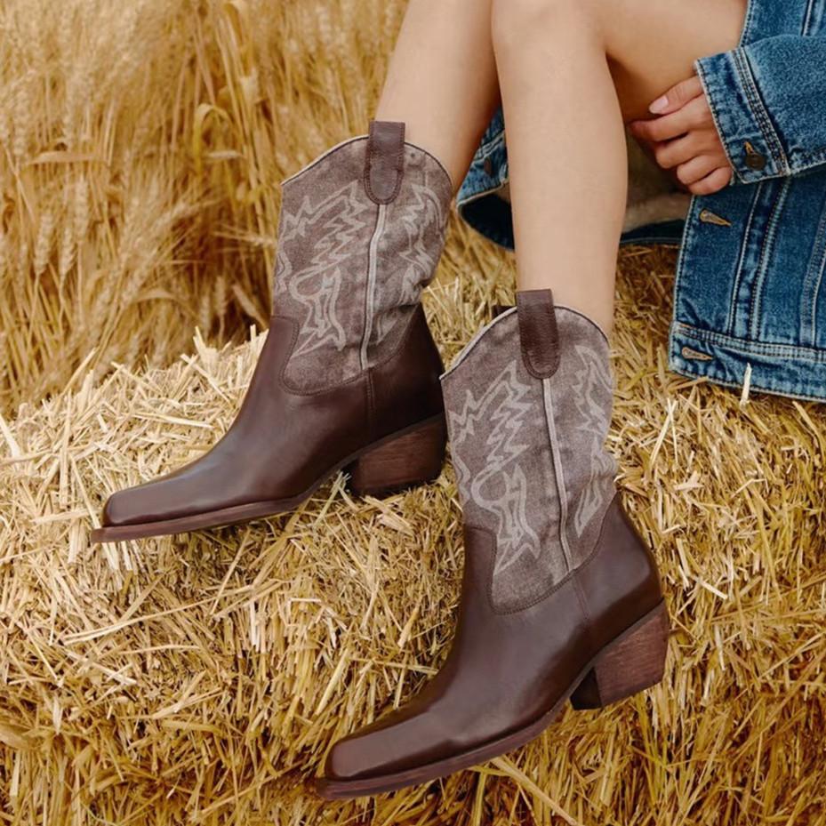 Fashion IPPEUM Cowboy Boots For Women 2025 New Fashion Winter Ankle Black Heel Shoes Western Cowgirl Boot