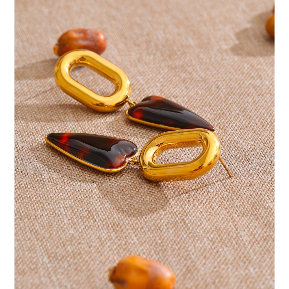 Yhpup Stainless Steel Amber Resin Heart Drop Earrings 18K Gold Color PVD Plated Fashion Attractive Women Jewelry Exclusive Style