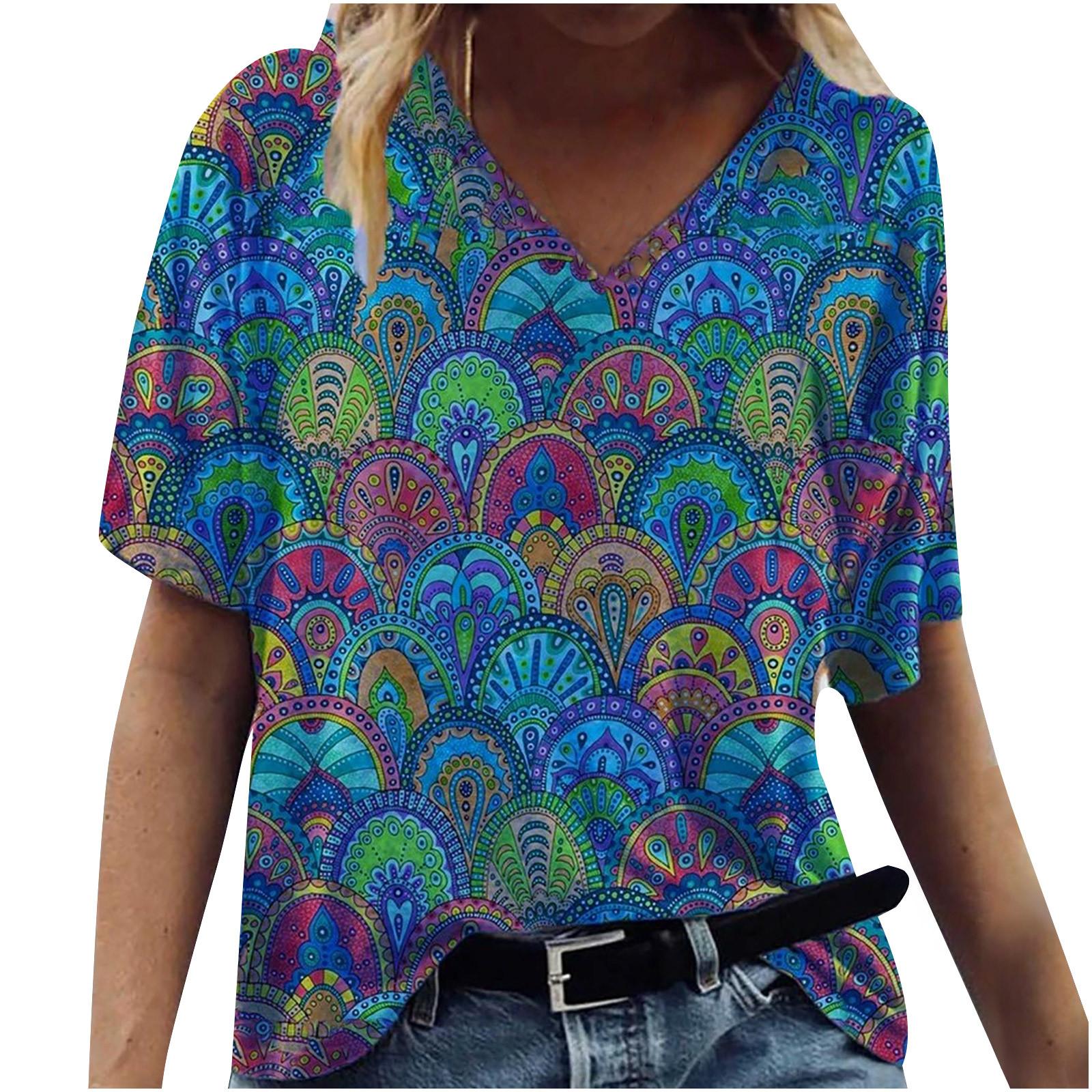 

Модные весенние блузки с принтом в стиле ретро, футболки с коротким рукавом и V-образным вырезом, повседневные M синий