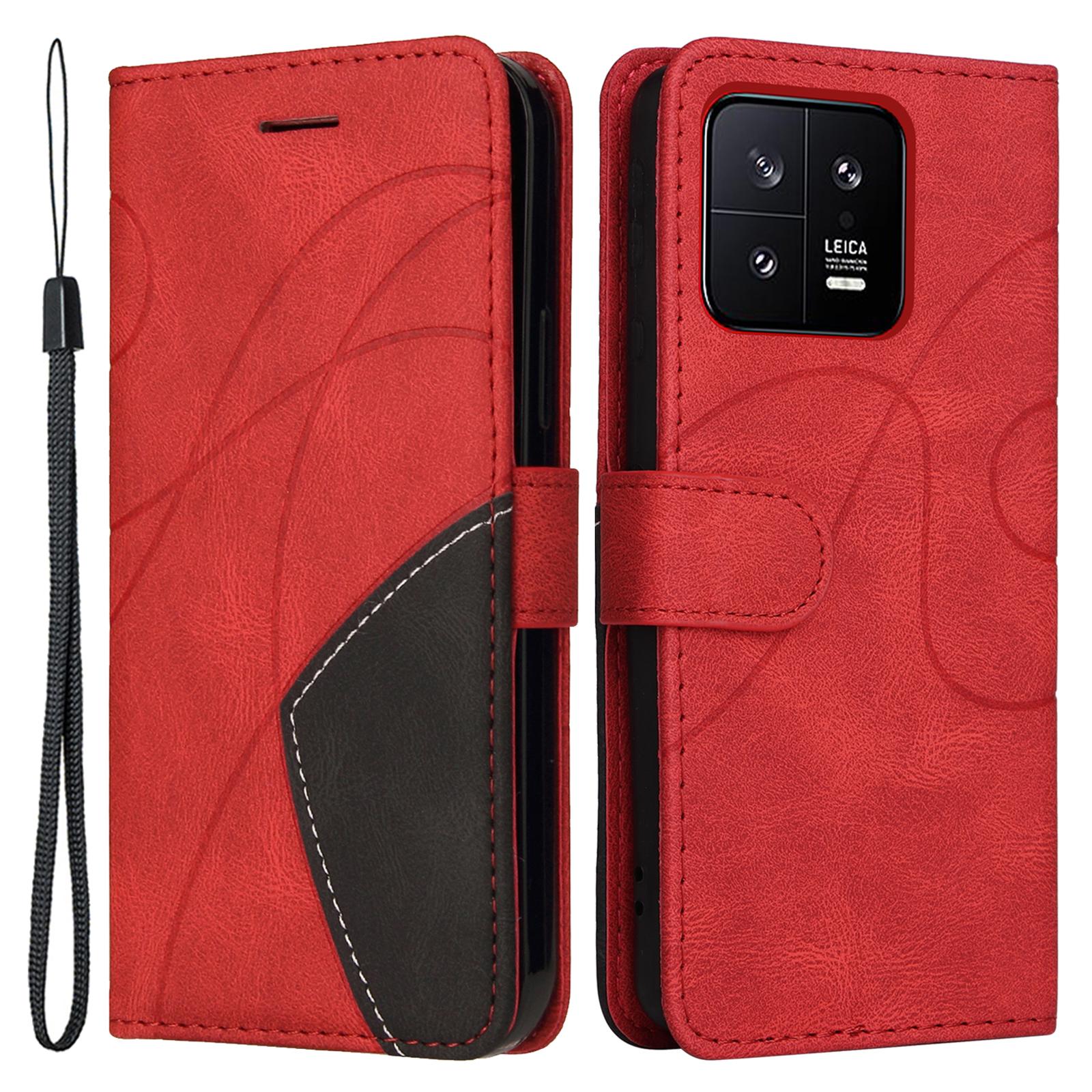 

For Xiaomi 13 5G Leather Case Wallet Stand Color Splicing Phone Cover Red