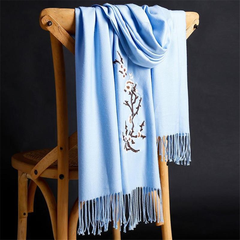 Lamaxpa 2018 Winter Warm Solid Scarf For Women/Lady Soft Wool Pashmina Shawls Flower Embroidery Cashmere Female Wraps Capes