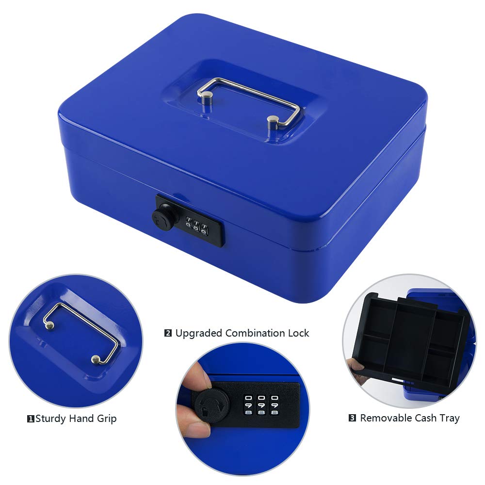 Indian Factory Metal Cash Box with Combination Lock, Money and Coin Organizer for Shop, Office and Home, Blue, 20D X 25W X 9H Centimeters