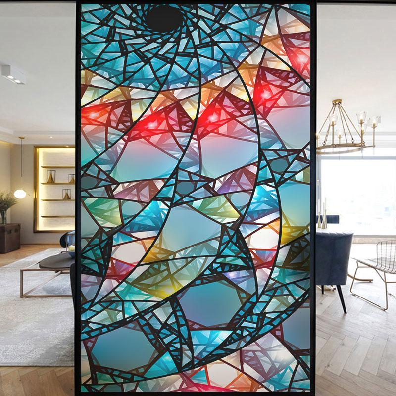 Colorful Stained Frosted Glass Film Modern Art Geometry Pattern Window Stickers Opaque Self-adhesive European Home Decor Privacy