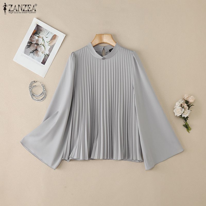 ZANZEA Blouse ample décontractée à manches longues évasées et col montant pour femmes