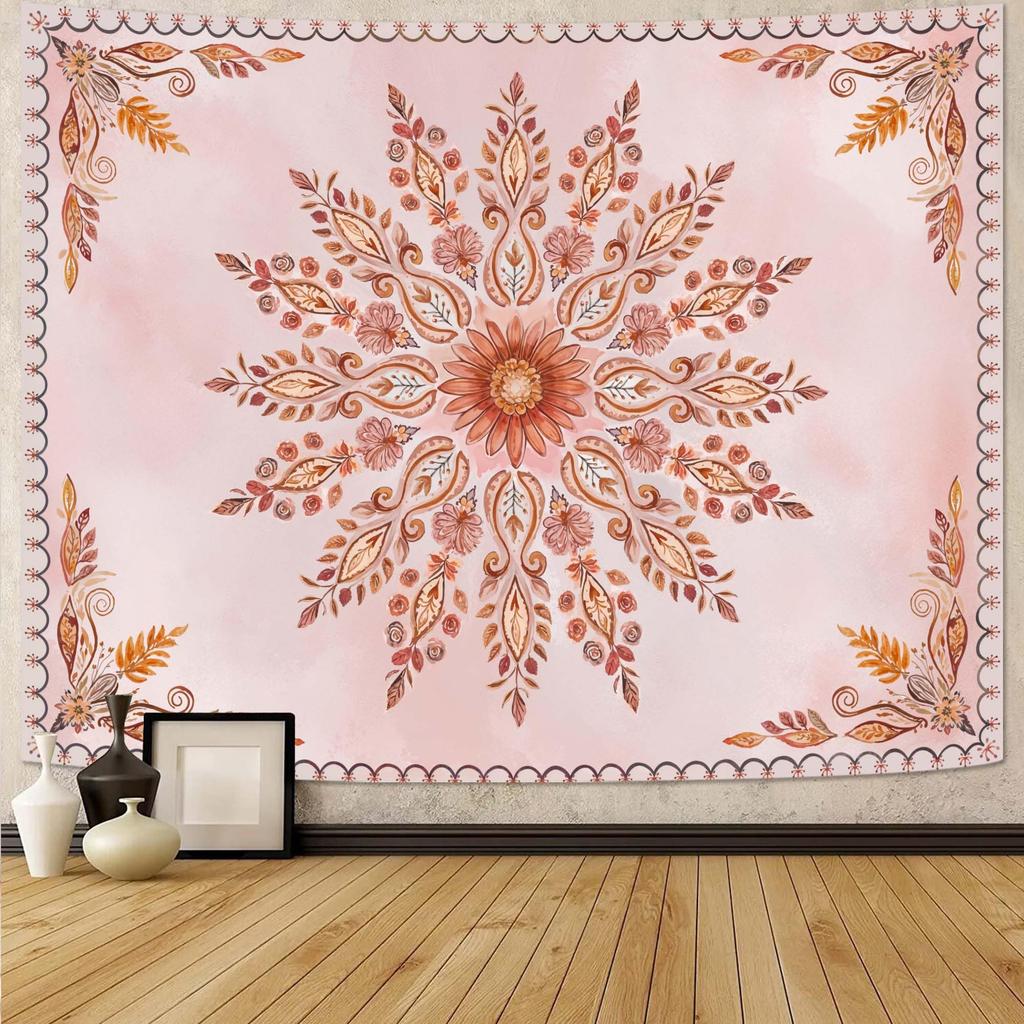 Bohemian Peacock Feather Mandala Tapestry, Colorful Floral Print with Starry Galaxy Background Large Wall Hanging for Bedroom
