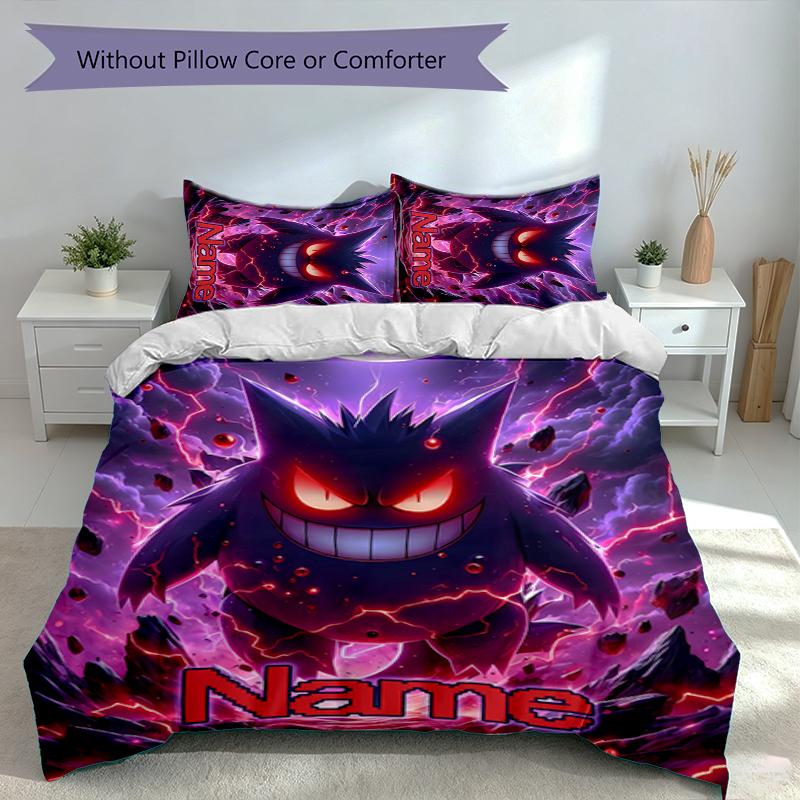 3pcs Custom Name Pokémon Gengar Bedding Set,Includes 1 Duvet Cover and 2 Pillowcases,All-season Bedroom Decor