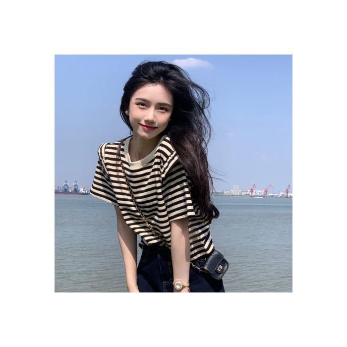 Jin Manqi summer women's clothing Korean version of pure cotton striped fresh wind loose and thin round neck short-sleeved t-shirt women's top, trendy