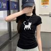 Black Crew Neck Front Shoulder Short Sleeve Women's Summer New Niche Cat Design Sense Fashion Casual Versatile Top T-Shirt